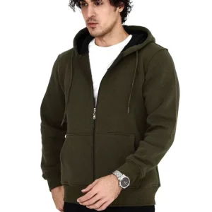 Unisex Tam Fermuarlı Kapşonlu  SweatShirt - Haki