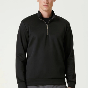 Unisex Uzun Kol Yarım Farmuarlı Yakalı Basic SweatShirt - Siyah