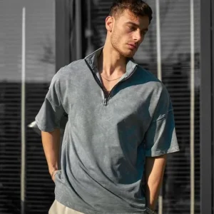 Unisex Yarım Fermuarlı Yıkamalı T-Shirt - Gri