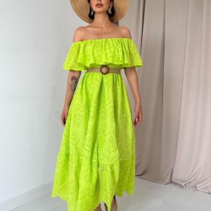 Yağ Yeşili Omzu Lastikli Brode Elbise