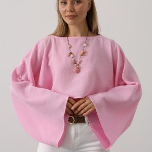 YARASA KOLLU CROP BLUZ - Pembe